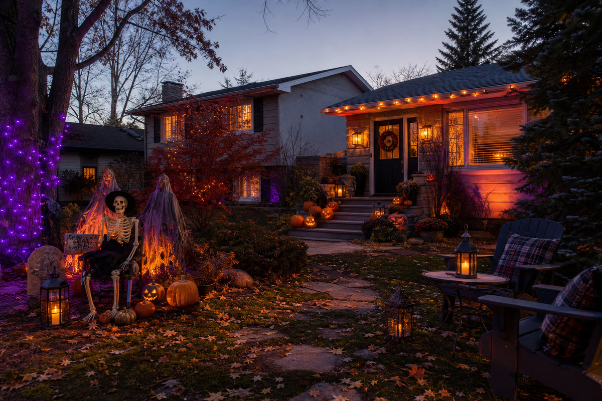 Canadian home with Halloween decorations in the yard, on the porch, and on the patio at dusk