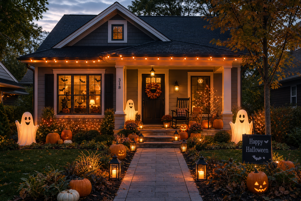 House decorated for Halloween with pumpkins, lanterns, lights, porch accents, and yard decorations