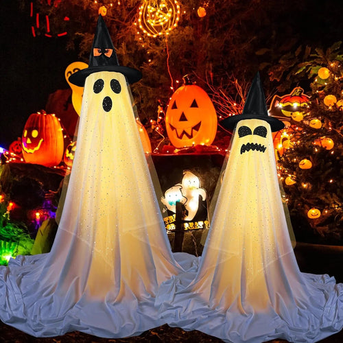 2 Packs Halloween Decorations Outdoor Indoor with Halloween Remote Control String Lights Party Supplies,Spooky Ghost Decor with Witch Hat,-Hallowee n Ghost Lights for Porches Yards Gardens Lawn - Partydeco
