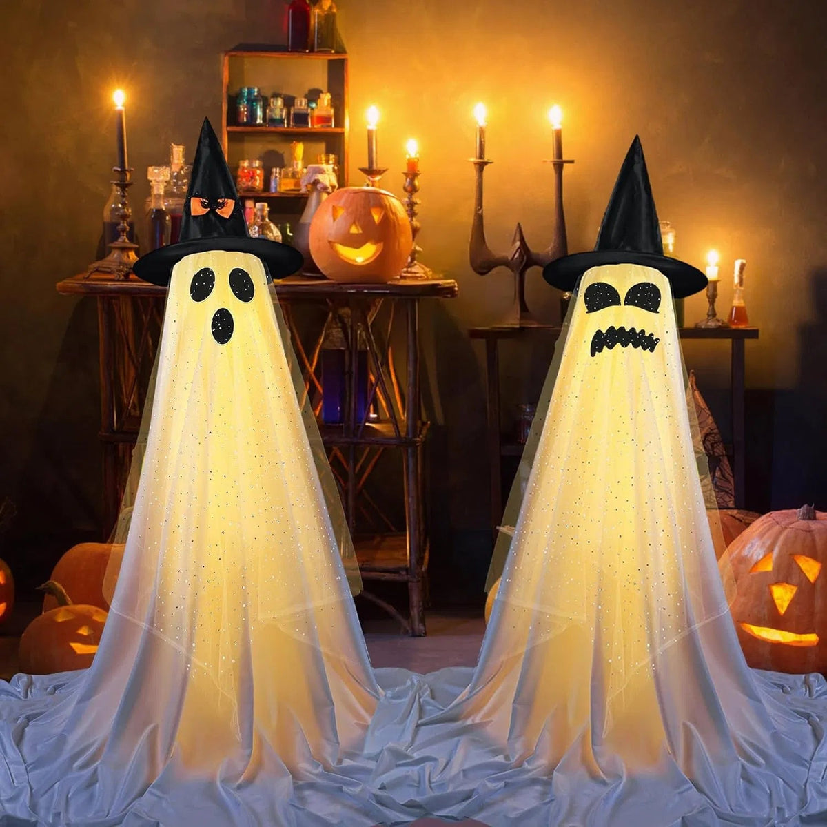 2 Packs Halloween Decorations Outdoor Indoor with Halloween Remote Control String Lights Party Supplies,Spooky Ghost Decor with Witch Hat,-Hallowee n Ghost Lights for Porches Yards Gardens Lawn - Partydeco