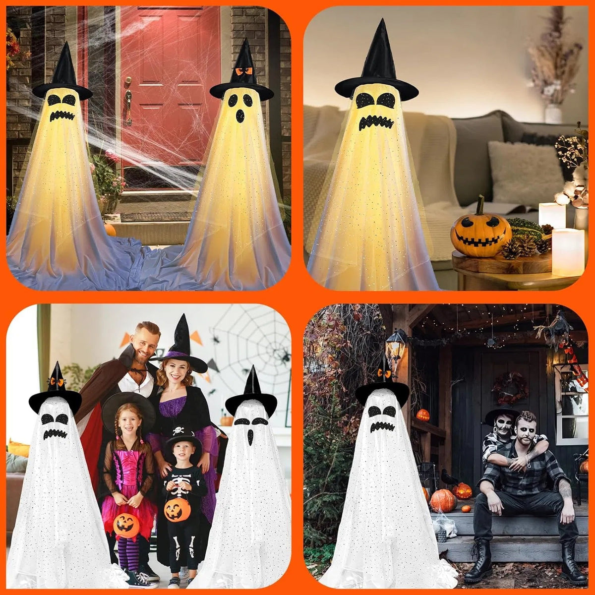 2 Packs Halloween Decorations Outdoor Indoor with Halloween Remote Control String Lights Party Supplies,Spooky Ghost Decor with Witch Hat,-Hallowee n Ghost Lights for Porches Yards Gardens Lawn - Partydeco
